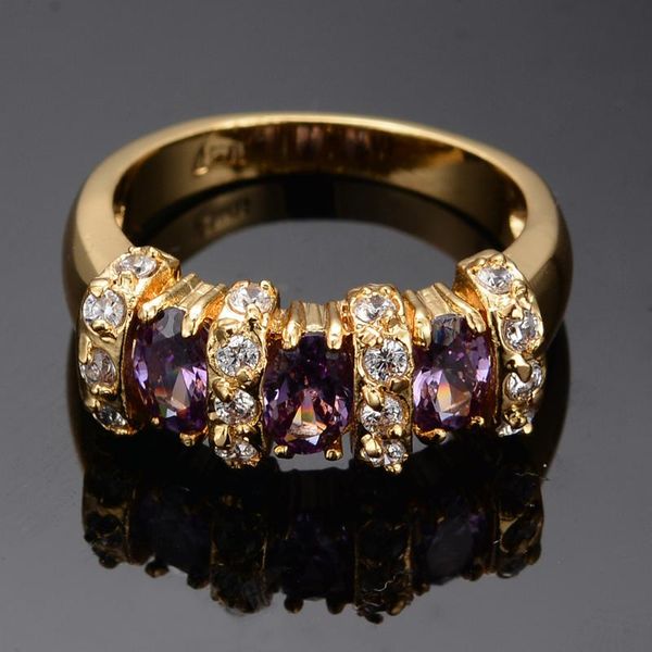 

wedding rings elegant female crystal purple stone ring 18kt yellow gold color thin for women luxury oval zircon engagement, Slivery;golden