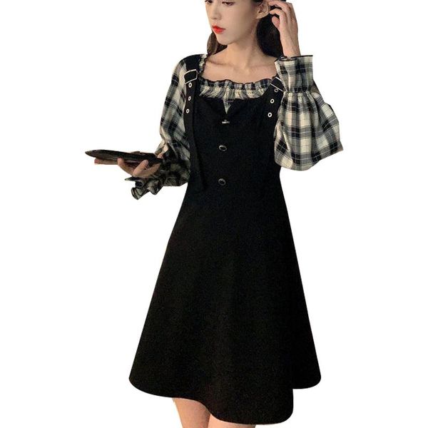 

women's spring autumn dress fake two pieces square neck long sleeve plaid korean elegant ss3664 casual dresses, Black;gray