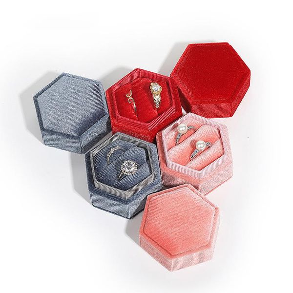 

jewelry pouches, bags hexagon velvet wedding ring box double display holder with detachable lid for proposal engagement organizer, Pink;blue