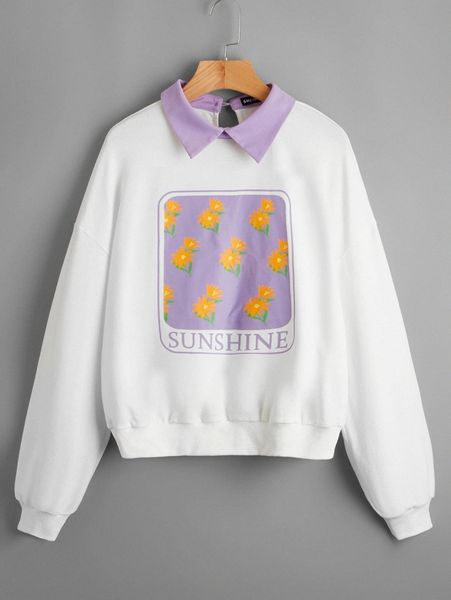 

flower & letter graphic drop shoulder contrast collar sweatshirt n1zi#, White;black