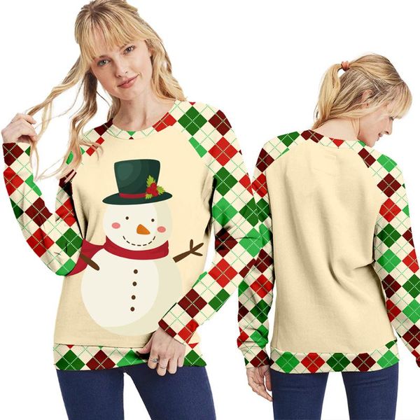 

women's hoodies & sweatshirts aesthetic christmas cute snowman printed sweatshirt 2021 spring and autumn round neck long sleeve plaid p, Black