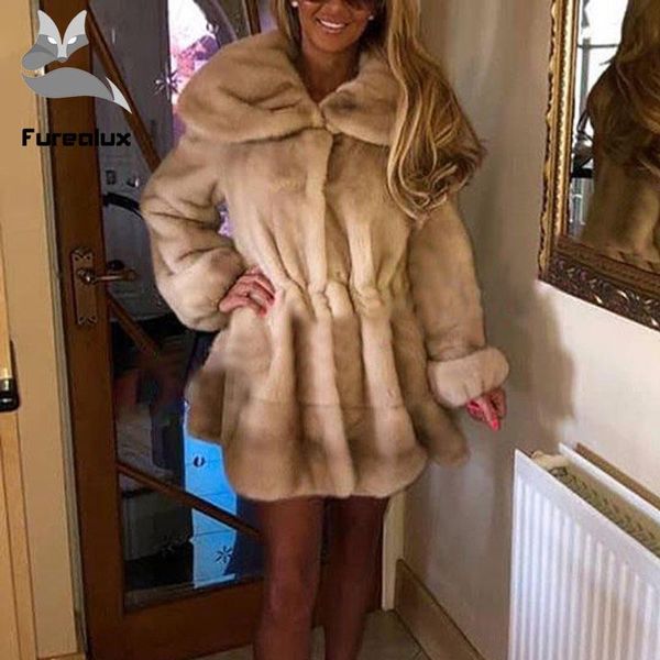 

women's fur & faux furealux fashion mink coat stand collar natural dress 2021 women winter warm elegant jackets, Black