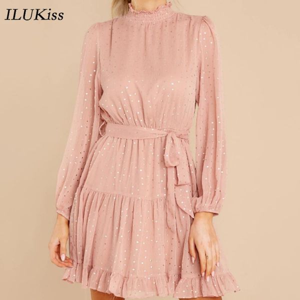 

spring long sleeve mini dress women dot print o neck sashes ruffle casual slim pink woman dresses elegant vestidos 2021 summer, Black;gray