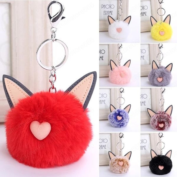 

fluffy cat ear keychain rabbit fur key chain woman bag charms keyring pom pom car pendant pompom holder jewelry, Slivery;golden