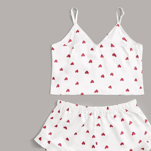 

pyjamas pajamas sleep wear womens sleepwears heart print satin camisole ruffled flounce shorts lingerie set, Black;red