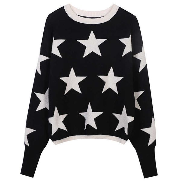 

women's sweaters vintage autumn winter women loose pullover long-sleeved o-neck five-pointed star embroidery black luxury sweater knit, White;black