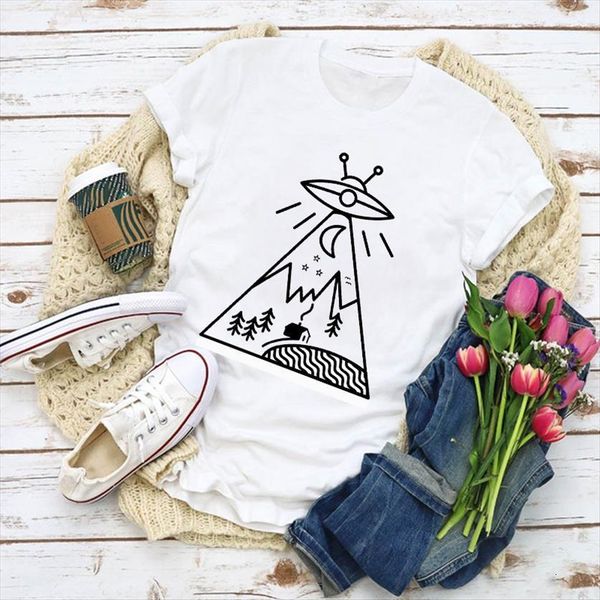 

graphic cartoon ufo villager cute women t shirts printing summer lady clothes womens clothing tee female, White
