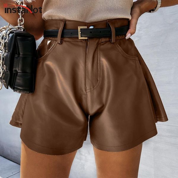 

women's shorts insta faux pu leather high street casual vintage outfit short autumn 2021 streetwear female button solid, White;black