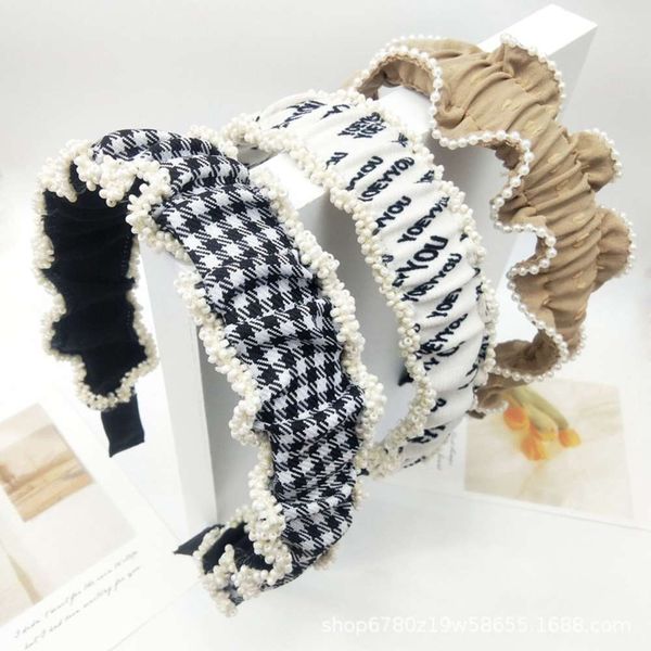 

beads edge pleated pearl hoop advanced feeling wide hole, Black;brown