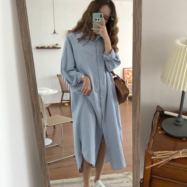 

plus size spring autumn women long dress 2021 lady sleeve cotton shirt casual turn-down collar loose dresses, Black;gray