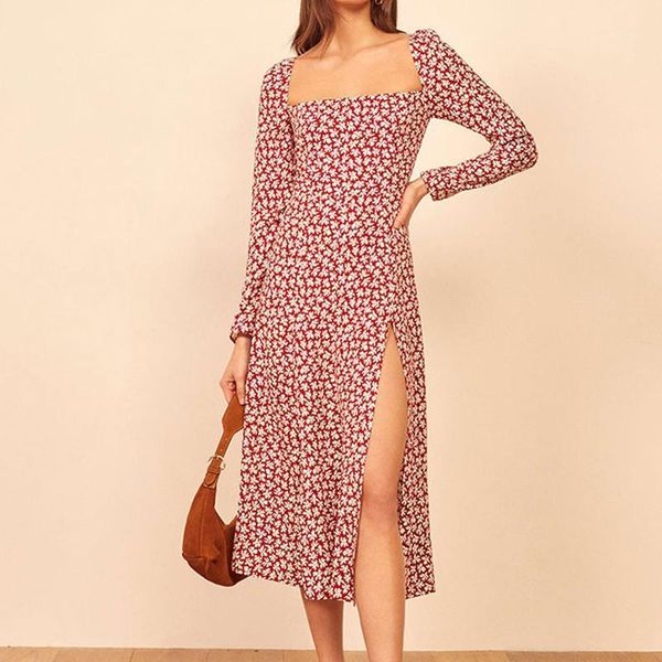 

casual dresses autumn floral print high split long dress square neck women vintage sleeve female elegant office lady vestidos, Black;gray