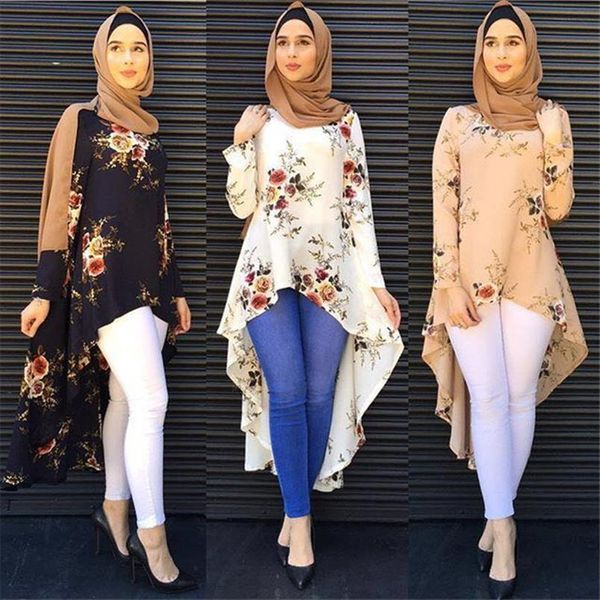 

dubai arab muslim and women blouses print floral asymmetry hem loose hijab islam dovetail islamic clothing, White