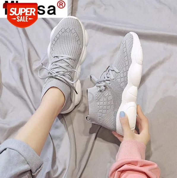 

new spring 2021 women's socks shoes mesh breathable comfortable lace-up sneakers platform casual vulcanized for woman #0v0c
