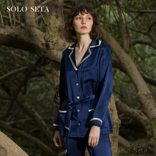 

soloseta heavy silk home wear two piece set 100% silkworm women's long sleeve pajamas can be worn out sleepwear, Black;red