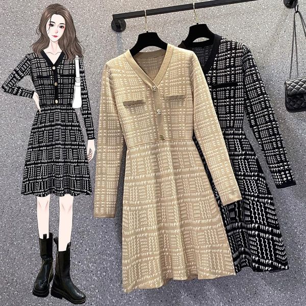 

casual dresses jsxdhk 2021 autumn winter knitted plaid sweater vestidos large size women button deco long sleeve houndstooth dress, Black;gray