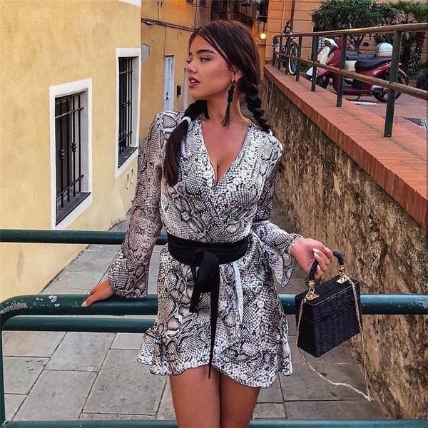 

casual dresses 2021 women snake skin print long flare sleeve fashion bodycon ladies vestidos v neck irregular basic mini dress, Black;gray