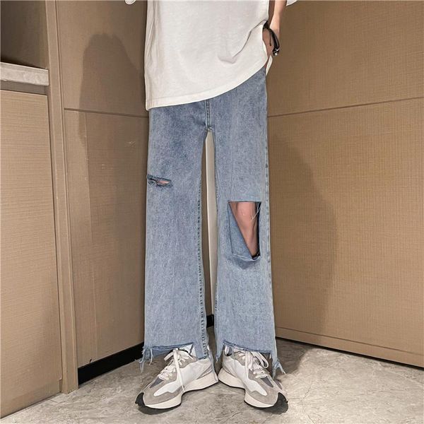 

men's pants #5084 black blue vintage hole jeans for men pantalon homme korean streetwear summer casual loose wide leg