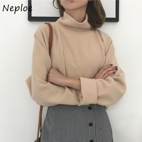 

neploe korean knitting sweater turtleneck long sleeve solid color pullover women 2021 autumn loose fashion all match women's sweaters, White;black