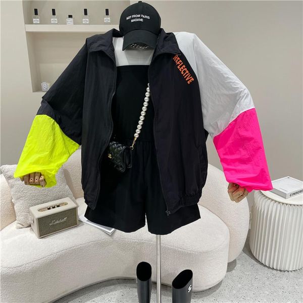 

women spring summer 2021 niche design stand up collar letter print color matching casual loose thin sunscreen zipper shirt coat women's, Black;brown