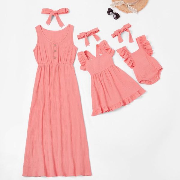

family matching outfits dresses summer mommy and me solid sleeveless button baby romper maxi dresses+headband set, Blue