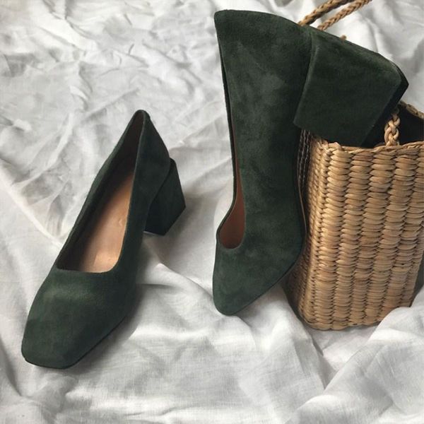 

dress shoes retro shallow woman square toe chunky heels slip on block office lady pumps classic career, Black