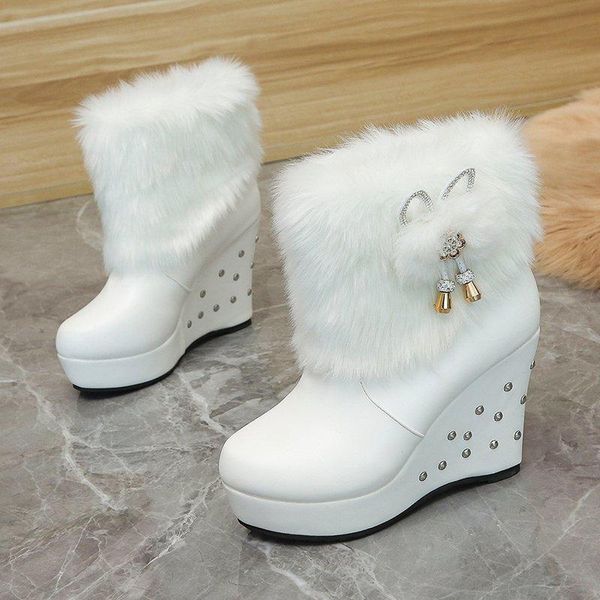 

boots ins ladies solid platform slip on wedges ankle women warm plush winter fluffy shoes woman, Black