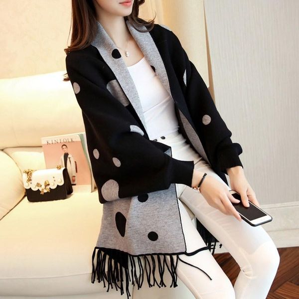 

women's knits & tees 2021 women warm sweater autumn and winter bat shirt cloak shawl jacket pure color tassel cardigan coat, White