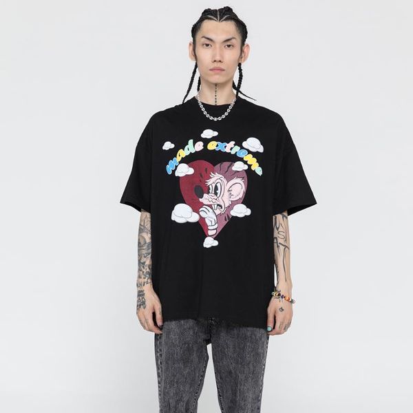 

men's t-shirts 2021 style short sleeve pure color printing loving heart cartoon fun half men and women neutral hip-hop t-shirt, White;black