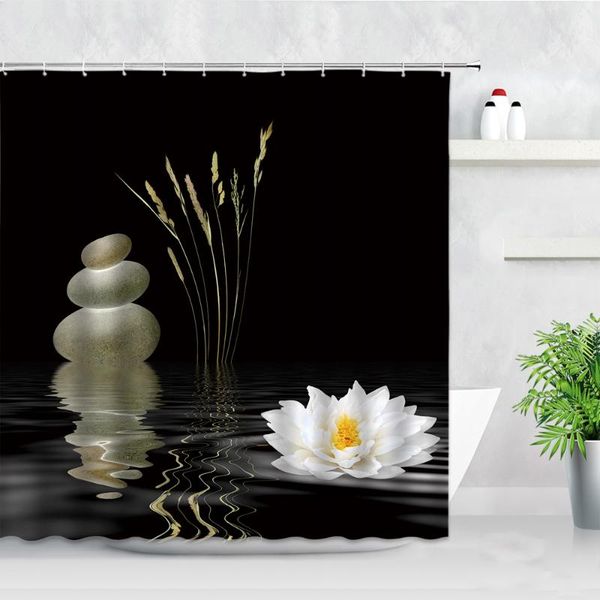 

shower curtains waterproof bathroom curtain zen stone grass white lotus reflection water black background printing bathtub decor