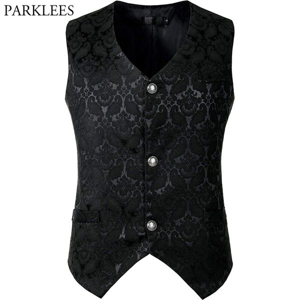 

floral jacquard black vest men wedding groom slim fit sleeveless waistcoat mens punk rock medieval steampunk gilet costume 3xl 210522, Black;white