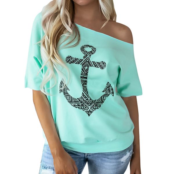 Случайные свободные футболки женские моды лето о-шеи с коротким рукавом лодка якорь печать пуловерные вершины сексуальные от плеча футболка FEMME 210507