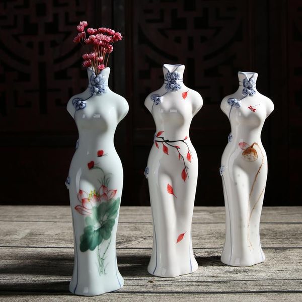 

vases chinese classical ceramic vase body art statue desk decor cheongsam figurines ornaments painted vintage home decoration