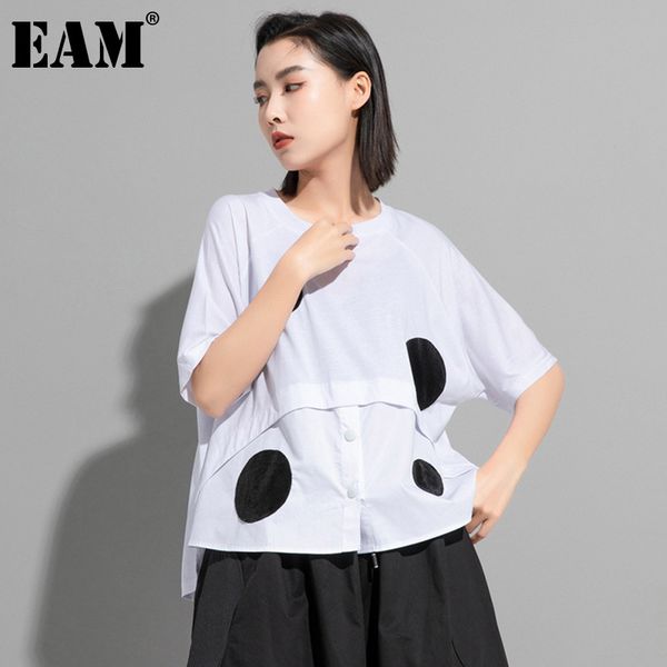 

[eam] women white big size spliced dots button back long t-shirt round neck short sleeve fashion spring summer 1dd8082 21512