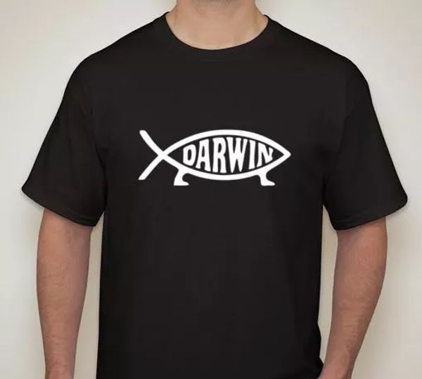 

darwin fish atheist anti religion evolution t shirt tee, White;black