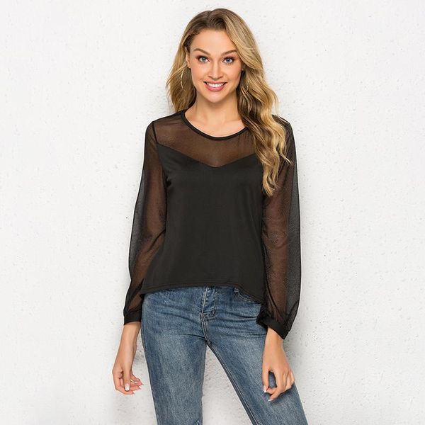 

women's blouses & shirts 2021 women see through transparent mesh o-neck lantern sleeve sheer blouse shirt ladies tee plus size, White