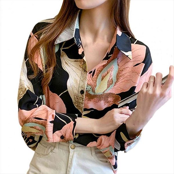 

fashion print retro flower women blouses loose longsleeve turn down collar single breasted floral blouse, White