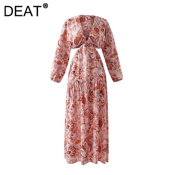 

casual dresses [deat] 2021 summer fashion tide v-neck high waist ankle-length long sleeve loose printing elegant dress women 13z687, Black;gray