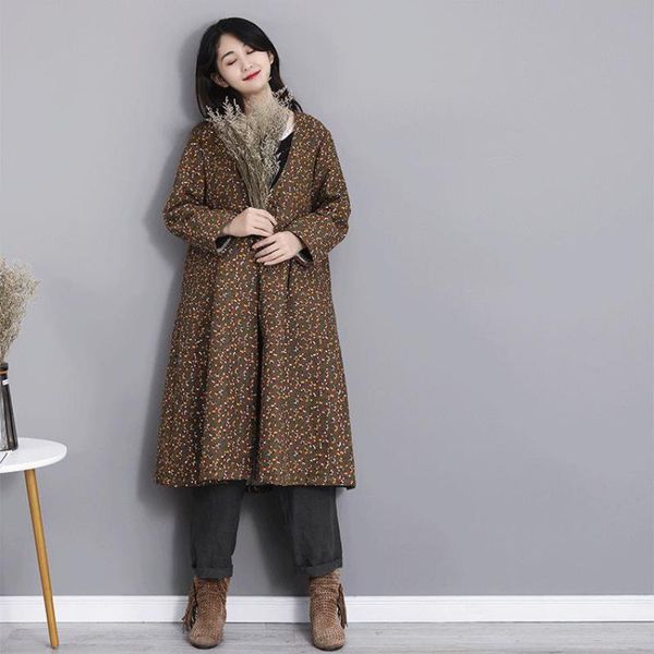 

johnature women autumn winter fashion v-neck floral print cotton linen long coat single breasted casual women outerwear 210521, Tan;black