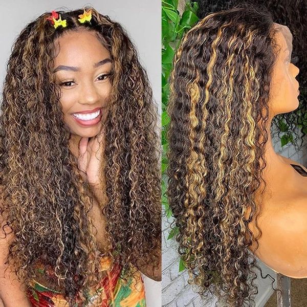 

lace wigs eversilky natural curly highlight human hair with baby glueless part 13x6 front 200density remy, Black;brown