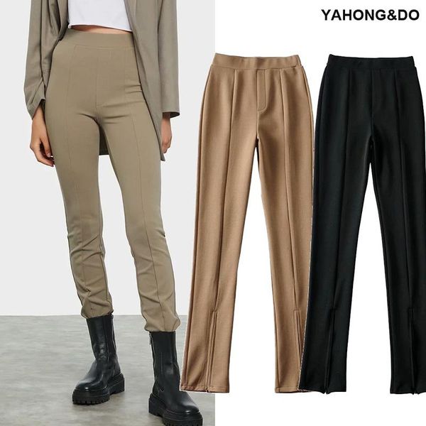 

women fashion stretch pencil pants high waist chic split trousers solid casual long bottom up women's leggings, Black
