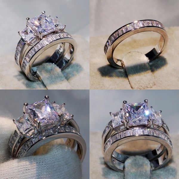 

victoria wieck choucong brand new couple 2pcs rings luxury jewelry 925 sterling silver three stone princess cut cz diamond women ring 44 n2, Slivery;golden