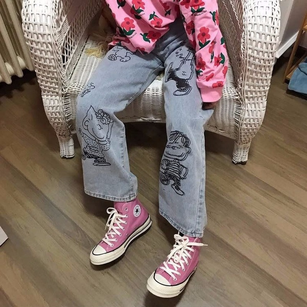 

cartoon printed straight high waist jeans womens large size street loose wide leg pants women fashion workwear jeans women 2021, Black;white