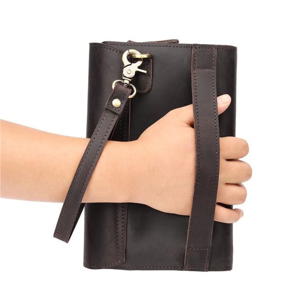 

purse men's leather hand grab bag armpit clip wrist strap mobile phone card cash check, White