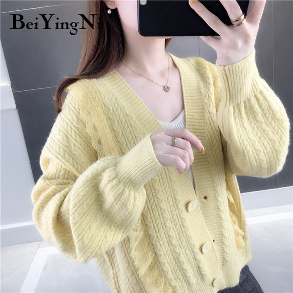 

cardigans womens lace patchwork thick warm retro loose knitted sweater woman fashion kawaii coats mujer jumpers 210427, White