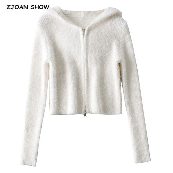 

women's knits & tees 2021 spring women shaggy zipper hooded cropped cardigan sweater vintage knitted exposed navel short knitwear, White