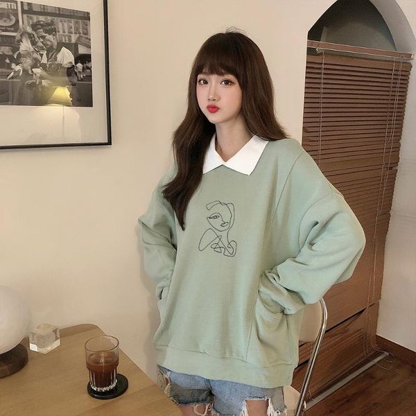 

polerones mujer turn-down collar woman hoodie sweatshirts korean aesthetic line pullover hoodies long sleeve loose streetwear women's &, Black