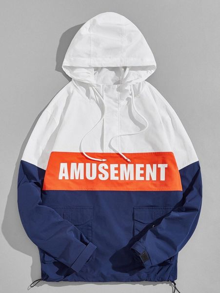 

men letter graphic colorblock hooded jacket j3ey#, Black;brown