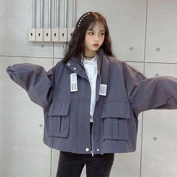 

women's jackets spring solid color ladies tooling short jacket korean casual fashion all-match stand-up collar long-sleeved, Black;brown