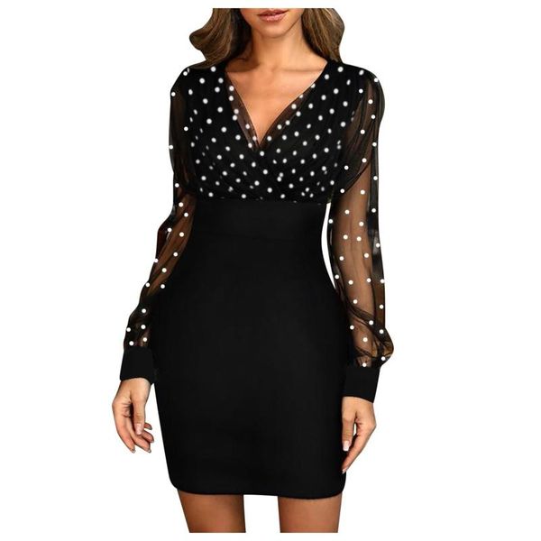 

casual dresses women party long sleeve dress wave point mesh retro romantic korean style elegant v-neck, Black;gray