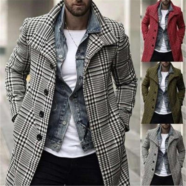

mens plaid mid-length trench coat fashion trend long sleeve single-breasted lapel outerwear designer male winter casual slim woolen coats, Black